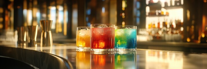 Elegant multicolored cocktails lined up on a stylish bar setting at an upscale venue