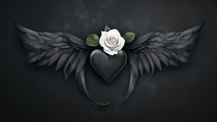 Elegant White Rose With Black Feather Wing On Dark Satin Background