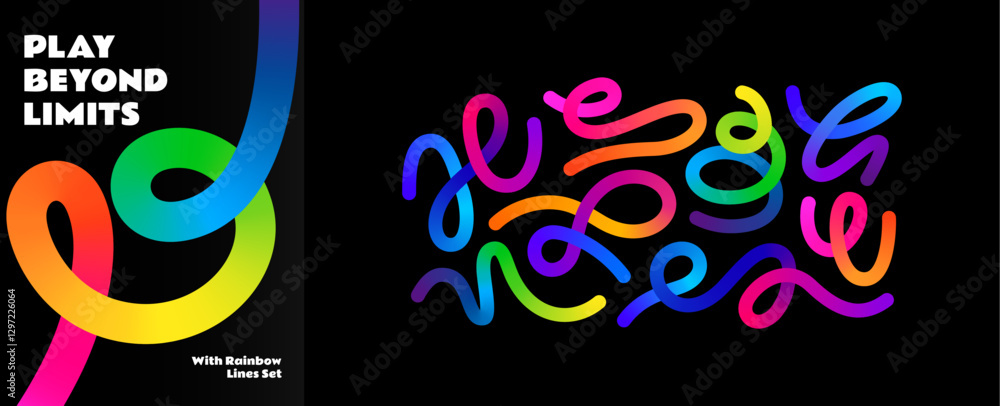 Fototapete Lines with Color Gradient. Abstract Vector 3D Shapes. Wave Design Elements for Backgrounds, Patterns, Posters and Banners. Wavy Rainbow Ribbons. Spiral Geometric Graphics
