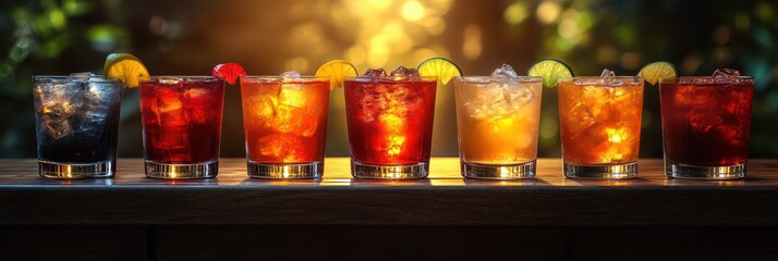 Elegant gathering features multicolored cocktails on display at sunset