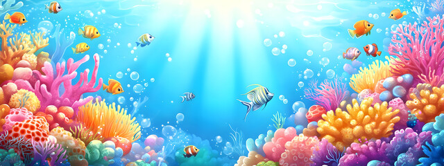 A vibrant and colorful cartoon seafloor with coral reefs, marine life
