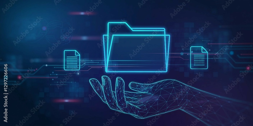 Poster digital hand holding a file folder. representing cloud data storage, secure file management, digital