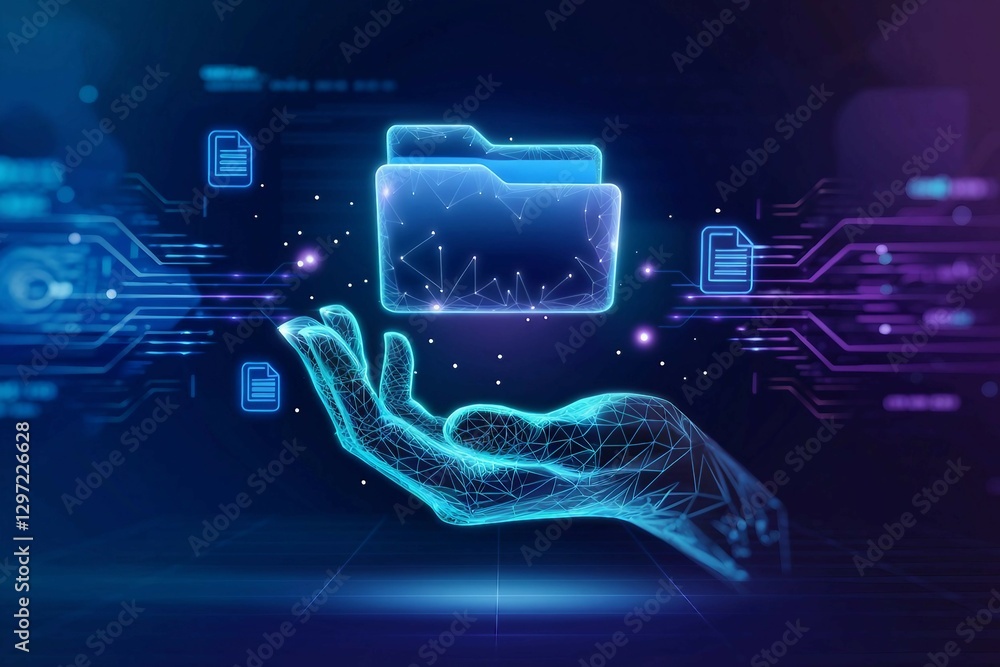 Poster digital hand holding a file folder. representing cloud data storage, secure file management, digital