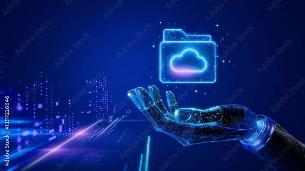 Poster digital hand holding a file folder. representing cloud data storage, secure file management, digital