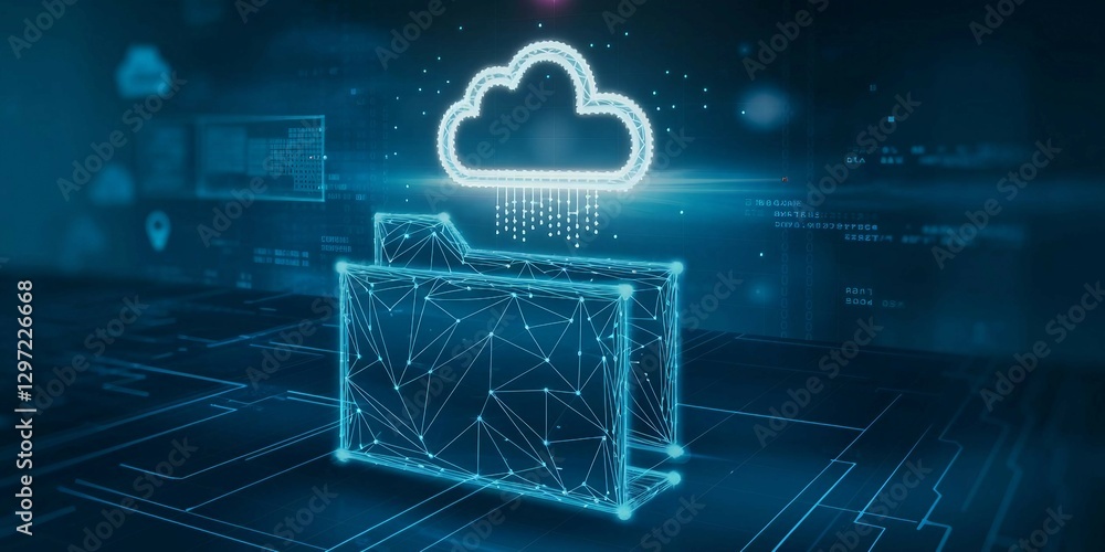 Poster digital hand holding a file folder. representing cloud data storage, secure file management, digital