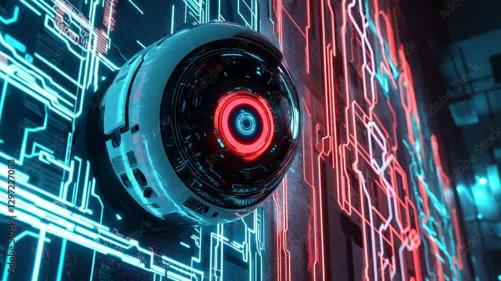 Poster a surveillance camera examines a glowing digital circuit pattern on a high tech wall, showcasing adv