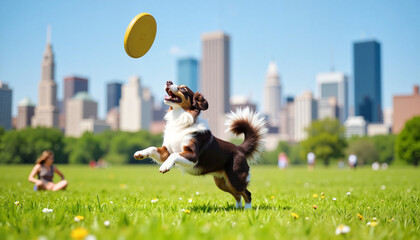 Happy dog jumping for frisbee in city park