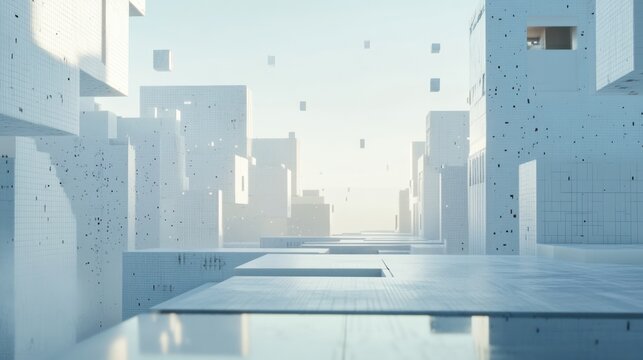 Futuristic city blocks, light, floating cubes, urban landscape, digital design