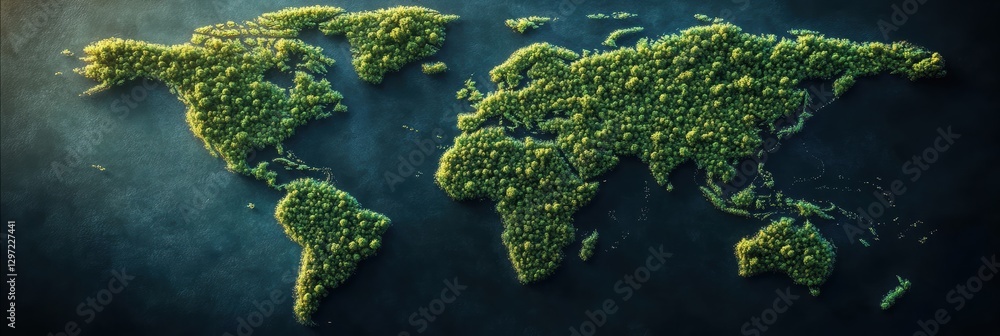 Poster world map created from lush greenery showing a vibrant ecosystem of trees