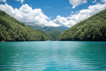 Obraz premium Svaneti Serenity: Emerald Lake Nestled Amidst Breathtaking Caucasian Mountains and Lush Green Landscape