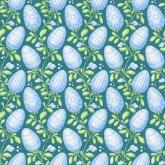 Seamless pattern with blue watercolor Easter eggs, green branches with leaves and small flowers on the dark turquoise. Perfect for textile, fabric, wrapping, packaging, home decoration, scrapbooking