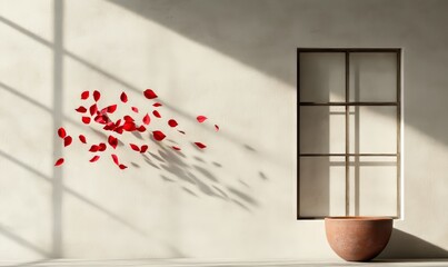 Red Rose Petals Falling on White Wall with Window and Terracotta Pot