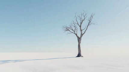 Obraz premium Single Leafless Tree in Vast Snow Covered Field Under Pale Sky