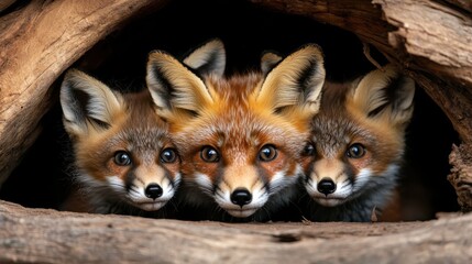 Fototapeta premium A captivating scene showcasing three foxes peering curiously out from a wooden hollow, highlighting their expressive eyes and beautiful fur shades in a natural setting.