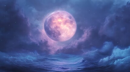 A large glowing moon is surrounded by clouds in space