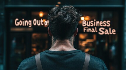 Fototapeta premium Man stands outside store with going out of business sign during final sale event in urban area