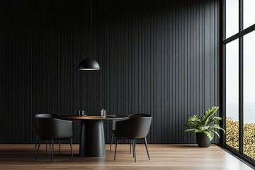 Modern black dining area with window view. Possible use Stock photo for interior design
