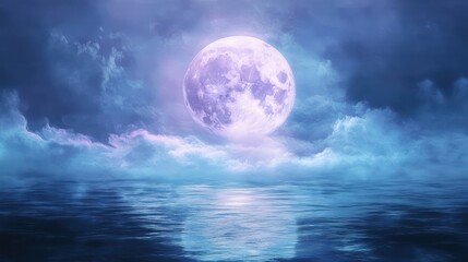 A beautiful moon hangs over the calm water at night