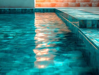 Obraz premium A swimming pool with turquoise water reflecting the light. The water has slight ripples, creating beautiful patterns on the surface. The edges of the pool are lined with tiles matching the water’s hue
