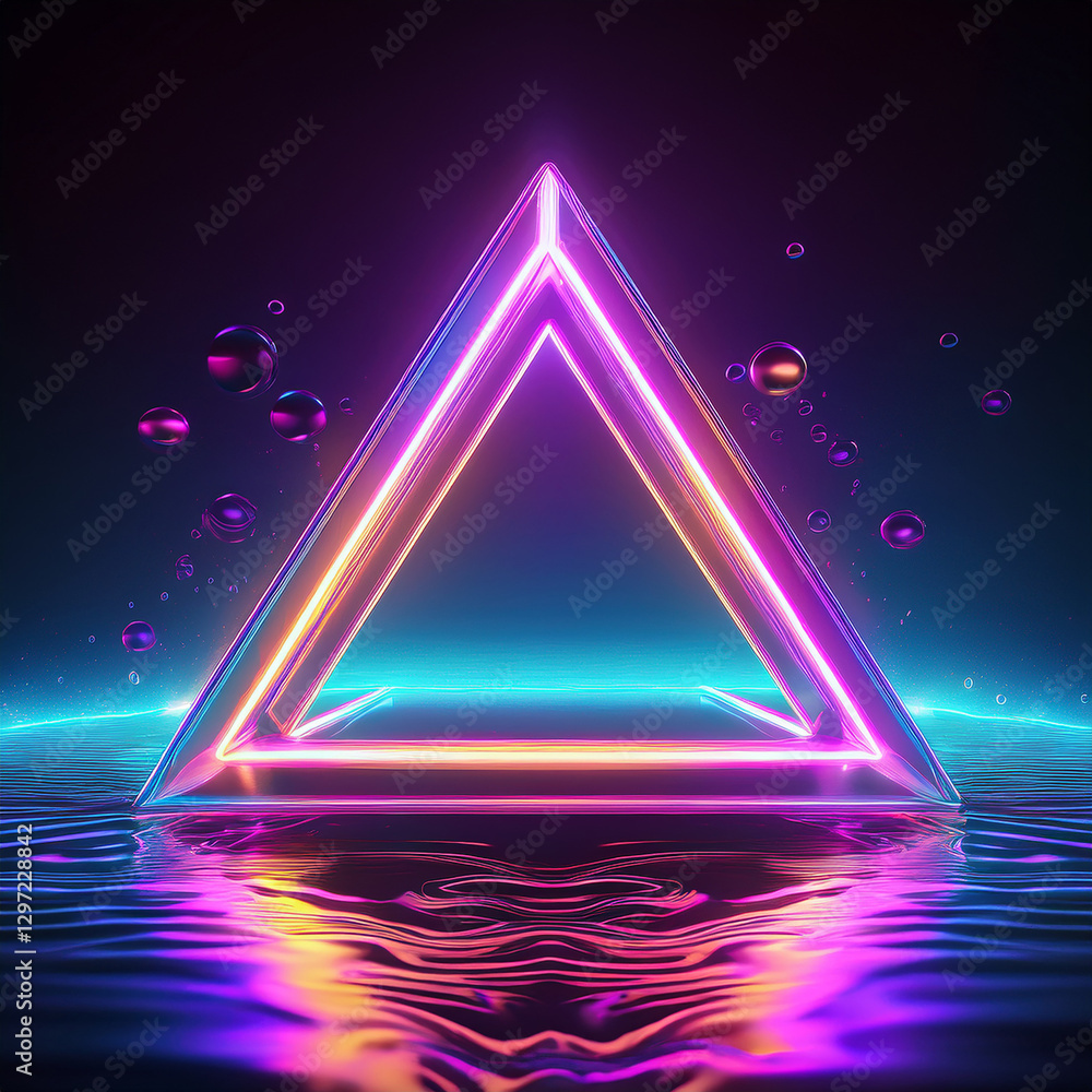 Aufkleber glowing triangular ultraviolet neon frame floating above a liquid surface. holographic gradient