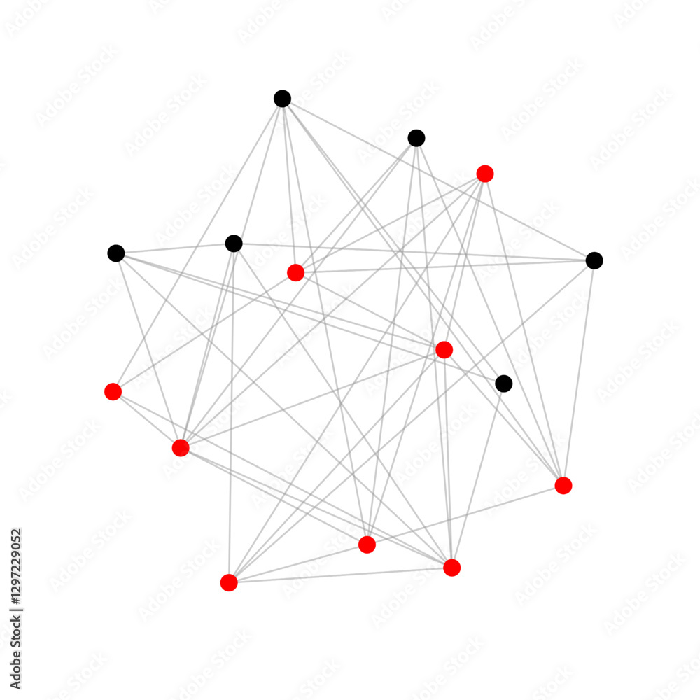 Poster abstract isolated network visualization, red and black nodes interconnected by clean lines. mathemat