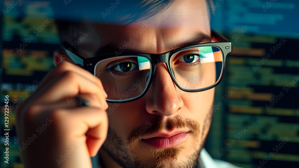 Poster a close-up portrait of a focused man with glasses, who is working at a computer