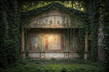 Fototapeta premium Beautifully overgrown, ivy-laden ancient wall, featuring faded frescoes and classical columns, situated in a serene, lush setting