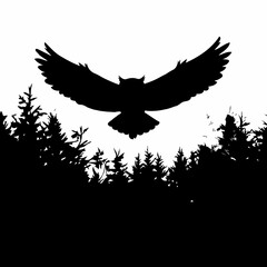 This captivating black-and-white illustration features the silhouette of an owl in flight, wings spread wide as it soars through the night sky above a forest treeline. The stark, high-contrast design 