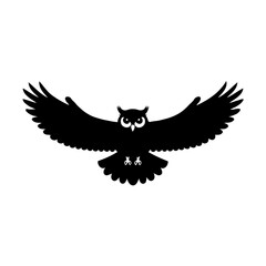 This striking black-and-white illustration features a flying owl silhouette with wings spread wide, embodying both grace and strength. The minimalist design highlights the owl’s majestic form through 