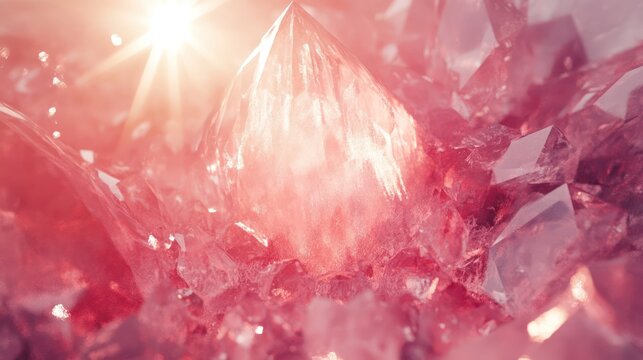 Bright light shining through the transparent rose quartz crystal cluster