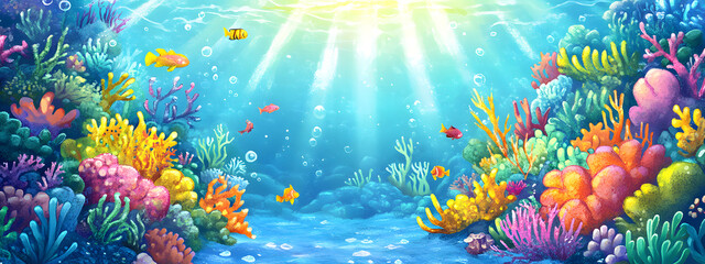 A vibrant and colorful cartoon seafloor with coral reefs, marine life
