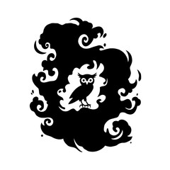 This mesmerizing black-and-white illustration blends swirling smoke designs and intricate linework to create a surreal and enigmatic portrait. The abstract face emerges from the negative space art, it