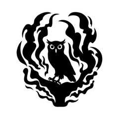 This captivating black-and-white illustration features a stylized owl silhouette, its form entwined with curling smoke tendrils that evoke a sense of mystery and otherworldliness. The owl’s strong, bo
