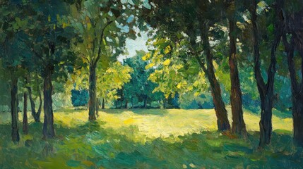 Fototapeta premium Trees dominate a sunlit grassy clearing creating a beautiful impression