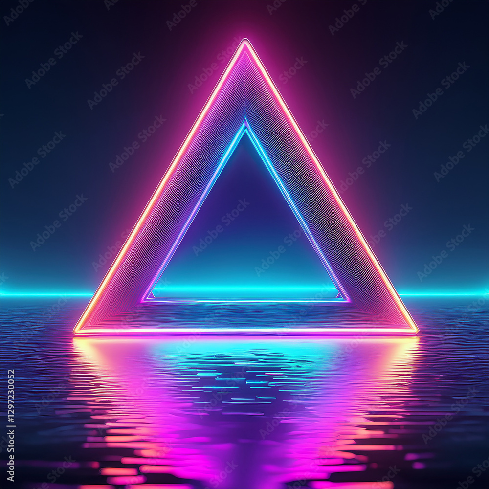 Aufkleber glowing triangular ultraviolet neon frame floating above a liquid surface. holographic gradient