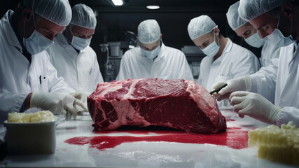 Scientists Analyzing Large Piece Of Raw Meat In A Laboratory Environment