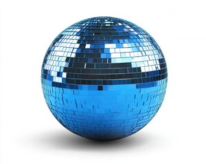 Shiny Blue Disco Sphere: Isolated Mirror Ball with Music Vibes on a Crisp White Background