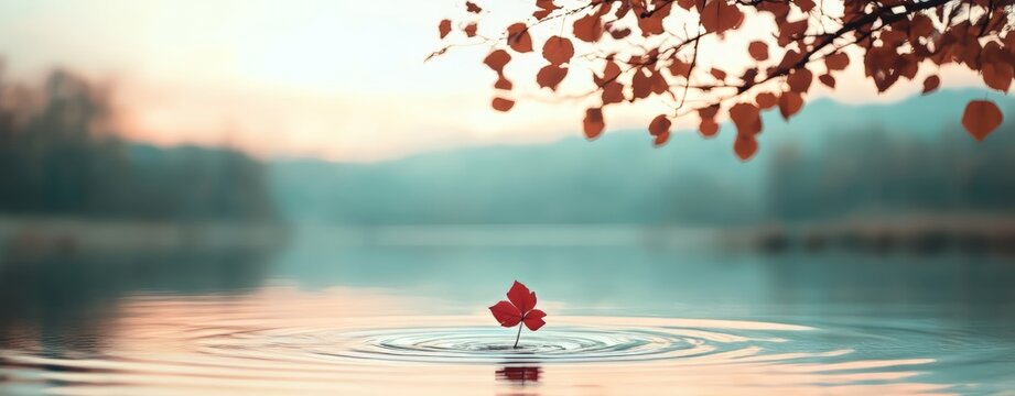 Serene Autumn Single Red Leaf Floating on Calm Lake Water at Sunset