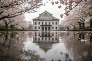Obraz premium Cherry blossoms reflect beautifully on still waters in front of a grand building.