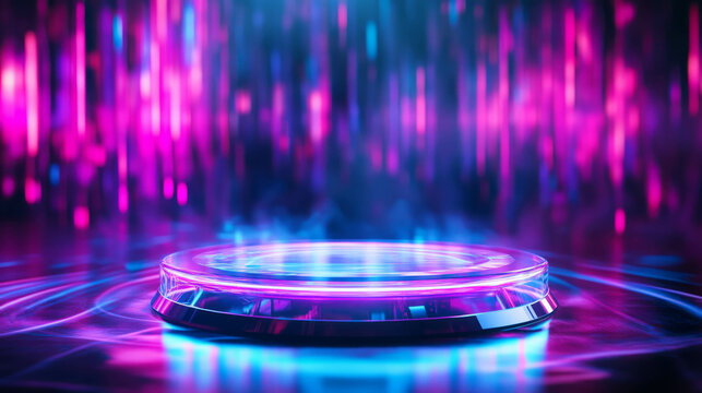 Futuristic glass podium with neon lights for modern event design