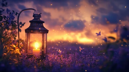 The Lit Lantern Illuminates the Evening Garden With Firefly Lights