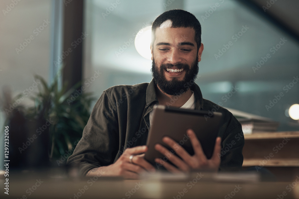Poster smile, tablet and typing with business man in office for schedule, planning or editor feedback. idea
