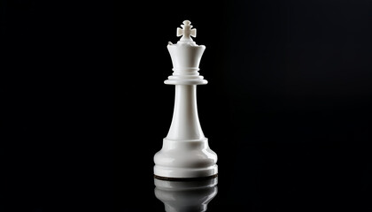 A white chess king piece displayed against a dark background, representing concepts of strategy, power, and leadership often associated with the game of chess, isolated on black background