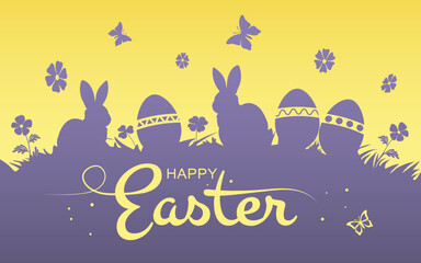Greeting card with eggs, flowers and bunnies. Happy Easter paper cut out greeting card. Purple yellow colour.