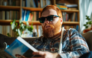 A visually impaired man wearing sunglasses and holding a cane while reading a book in a cozy library. A concept of accessibility, knowledge, and determination.