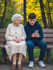 An older woman observes a young boy engaged with his smartphone while seated on a park bench. This moment highlights a blend of traditional values and modern technology in a natural setting.