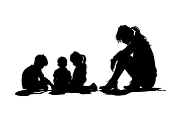 Silhouette of three children sitting together and a woman sitting apart, on a white background. Mother in depression, motherhood burnout
