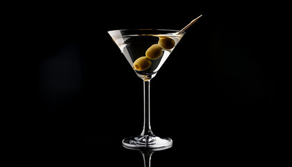 Sophisticated presentation of a martini drink served in a classic glass garnished with green olives, isolated on black background.