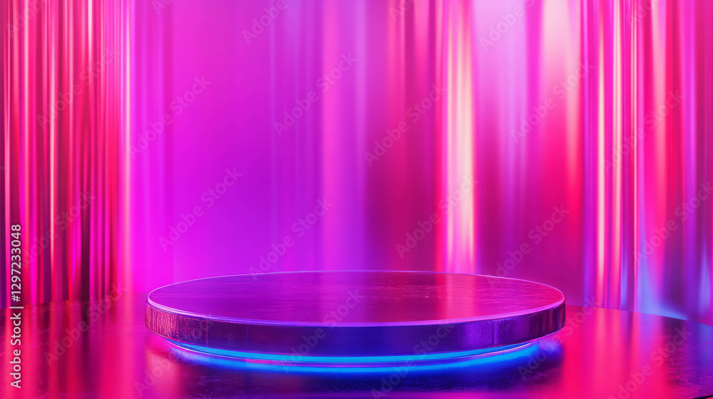 Poster vibrant rotating podium with dynamic lighting and abstract design for modern showcases