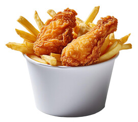 Fried chicken with french fries in white bucket on transparent background.